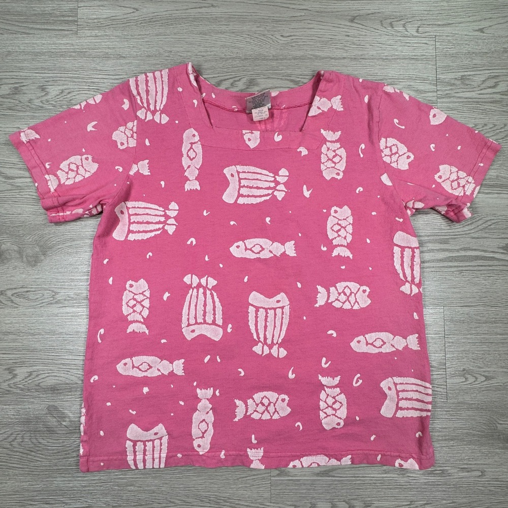 Cotton Connection Women's T-Shirt Vintage Fish Print Pink Medium Square Neck USA